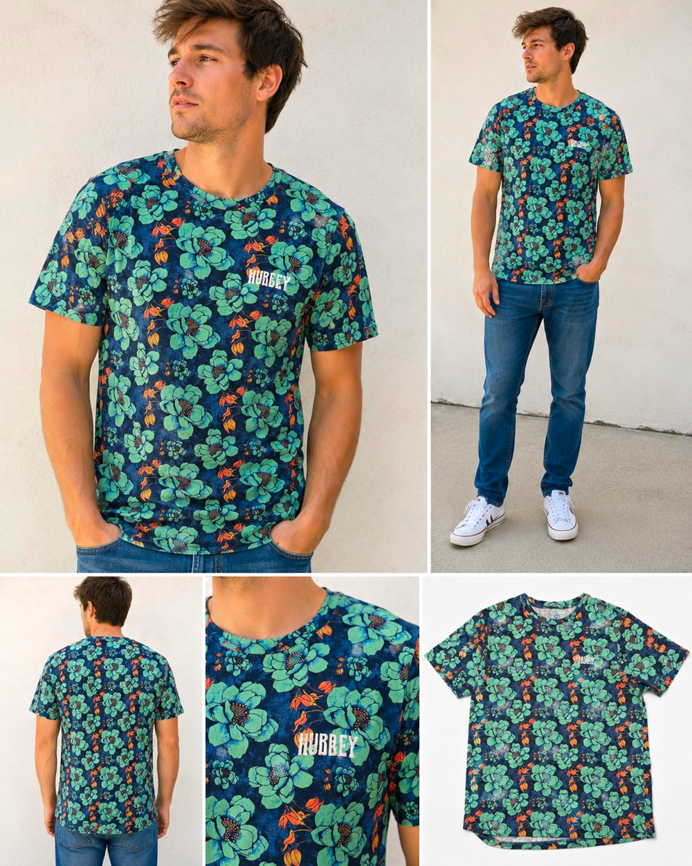 Hurley Men’s Large Floral T-Shirt Green Orange Navy All Over Print 100% Cotton
